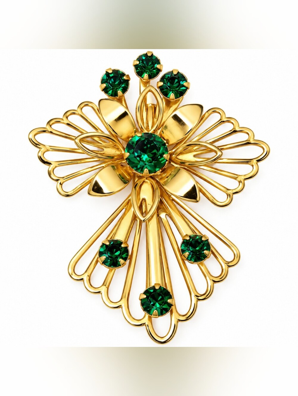 Gold Tone Emerald Green Rhinestone Filigree Cross Brooch.